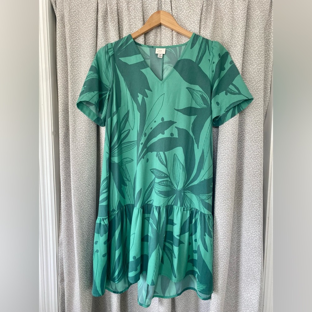 A New Day Emerald Tropical Foliage Ruffle Hem Baby Doll Dress Size M